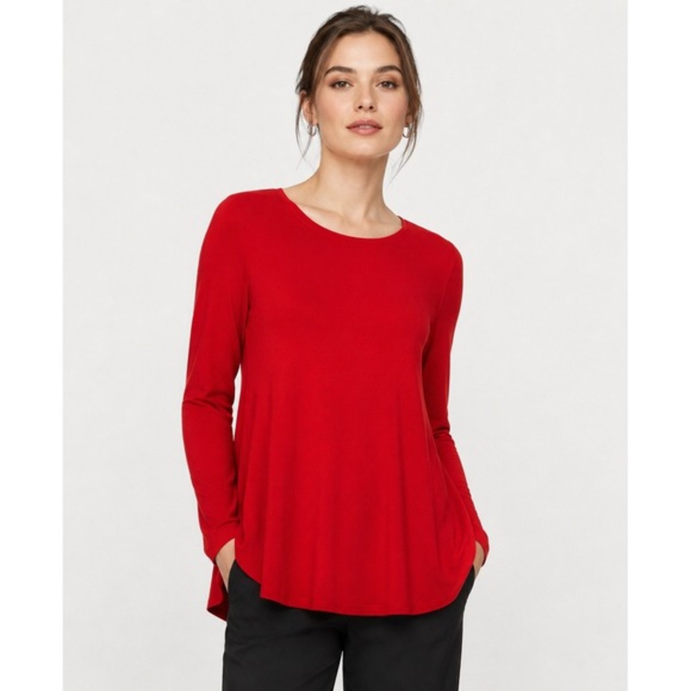 Eileen Fisher Red Long Sleeve Viscose Spandex Jersey Knit Tunic Top‎ Small S/P